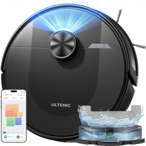 Discover the Ultenic D10 Robot Vacuum Cleaner with Mop, featuring 5000Pa suction, 15-minute lidar mapping, and allergy-friendly design. Perfect for pet hair and carpets, schedule cleanings with Siri/Alexa/Google or remote control from your app.