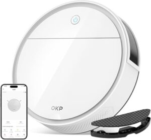 Meet the OKP Robot Vacuum Cleaner, perfect for hard floors, pet hair, and carpets. 5000Pa suction, 180 minutes runtime, WiFi/APP/Alexa control, slim design, self-charging, silent operation.