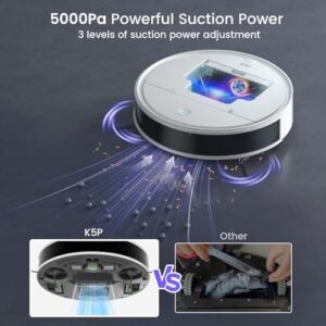 Meet the OKP Robot Vacuum Cleaner, perfect for hard floors, pet hair, and carpets. 5000Pa suction, 180 minutes runtime, WiFi/APP/Alexa control, slim design, self-charging, silent operation.
