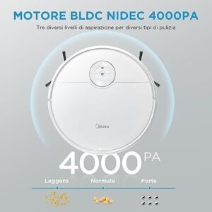 "Transform your cleaning routine with the Midea i5c Robot Vacuum and Mop, featuring Wi-Fi connectivity, gyroscopic navigation, powerful suction, and quiet operation. Enjoy a 2-in-1 cleaning experience with a large dustbin capacity and long battery life."