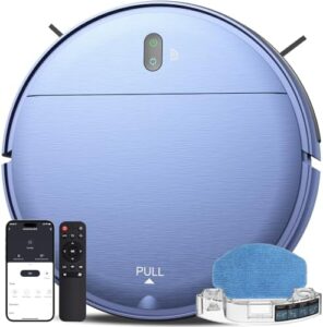 Perfectly clean floors with the blue Robot Vacuum Cleaner combo, featuring Alexa/WiFi/App control, self-charging design and 230ML water tank for pet hair, hard floors and low pile carpet.
