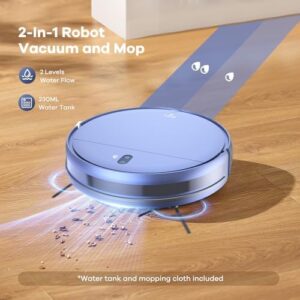 Perfectly clean floors with the blue Robot Vacuum Cleaner combo, featuring Alexa/WiFi/App control, self-charging design and 230ML water tank for pet hair, hard floors and low pile carpet.