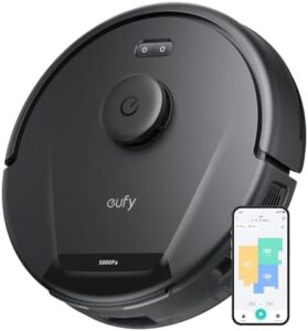 Powerful eufy L60 Robot Vacuum Cleaner with ultra-strong 5,000 Pa suction to remove pet hair and dust, ideal for hard floors. Experience deep floor cleaning with iPath laser navigation.