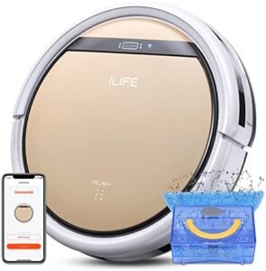 Discover the ILIFE V5s Plus Robot Vacuum and Mop Combo, featuring 2.4G Wi-Fi/App/Alexa connectivity, self-charging, and quiet operation for hard floors, carpets, and pet hair removal.