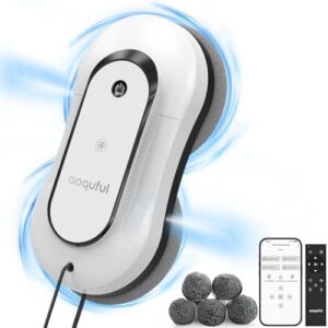 Discover the AOQUFUL Intelligent Window Cleaning Robot, featuring dual water spray and automatic vacuum. Clean indoor and outdoor windows with ease using the remote control or app, comes with 12 cloths.