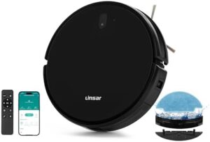 Discover the Linsar Robot Vacuum with mop - 3000 Pa power, 120 min runtime, and optimized cleaning for carpet, pet hair, and hard floors. Includes charging station, remote control, and APP/Alexa control (Black)