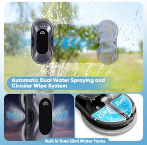 Automatic window cleaning robot with dual water spray and remote control, ideal for effortless glass cleaning inside and out. Get the perfect clean without ladder risks or streaks!