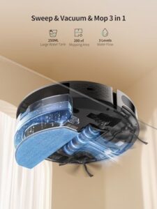 Get the perfect clean with this robot vacuum and mop combo, featuring strong 4500Pa suction, carpet auto-boost, and slim design. Ideal for pet hair, carpets, and hard floors.