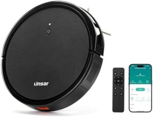 "Discover the Linsar robot vacuum cleaner with strong suction, long running time and versatile cleaning for carpets, pet hair and hard floors. Includes charging station, remote control and app control."