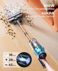 Maximize cleaning efficiency with this cordless vacuum cleaner featuring 550W power, 60-minute runtime, and touch display. Ideal for carpets, hard floors, and pet hair removal.