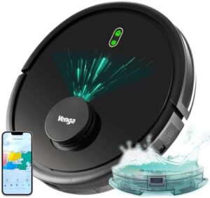 Discover the Venga! Robot Vacuum Cleaner, featuring laser navigation and app control. Effortlessly clean your floors with this powerful, compact device.