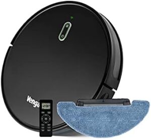 Discover the Venga! Robotic Vacuum Cleaner with Mop, featuring gyroscope navigation and app control. Perfect for pet owners and busy households, with a sleek black design.