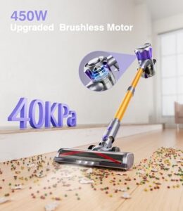 Here is the generated SEO meta description:

"Powerful cordless vacuum cleaner with 450W motor and 40Kpa suction, perfect for hardwood floors, carpets, and pet hair. Up to 50 minutes rechargeable battery life."