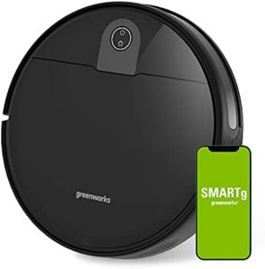 "Discover the Greenworks GRV-1010 Robot Vacuum's powerful suction and adjustable four-level motor. Perfect for pet hair and hard floors, this auto sweeper features self-charging technology."