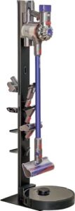 Here is the generated SEO meta description:

"Compact storage stand for Dyson V15-V6 vacuums, holds 8 attachments. Durable aluminum construction and spacious design. Perfectly organized cleaning experience now within reach."