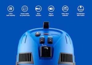 Powerful indoor and outdoor cleaning with the Nilfisk Multi II 22L T, featuring suction and blowing functions, 1400W motor and versatile uses for home, garden and car.