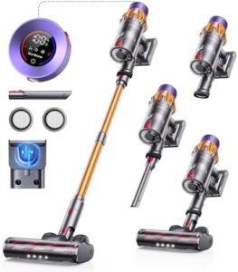 Here is the optimized SEO meta description:

"Powerful cordless vacuum cleaner with 550W motor and 45Kpa suction. Up to 60 minutes runtime, wall-mounted charging, and self-standing design. Features a touch screen for easy operation."