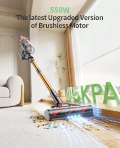 Here is the optimized SEO meta description:

"Powerful cordless vacuum cleaner with 550W motor and 45Kpa suction. Up to 60 minutes runtime, wall-mounted charging, and self-standing design. Features a touch screen for easy operation."