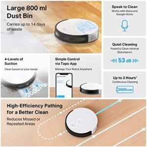 Discover the TP-Link Tapo Robot Vacuum Cleaner, perfect for hard floors, medium-pile carpet and pet hair. Powerful 2000Pa suction and self-charging design makes cleaning effortless, Alexa & Google Home compatible.