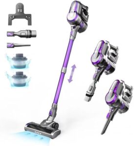 "Powerful cordless vacuum cleaner with up to 55 minutes runtime, perfect for pet hair and carpet cleaning. Lightweight design and LED headlight included."