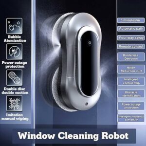 Explore efficient window cleaning with our robot, featuring dual water spray and powerful 3500Pa suction. Includes remote control and 5 replacement cloths for effortless interior & exterior cleaning.