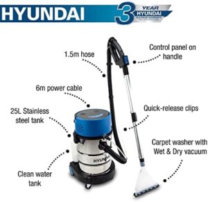 "Effortlessly clean your home and car with the Hyundai Wet & Dry Vacuum Carpet Cleaner, featuring 3-in-1 functionality, 25L stainless steel cylinder, and powerful suction. Perfect for daily use."