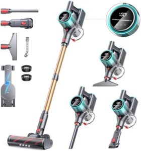 Cordless vacuum cleaner with 550W power, powerful suction for carpet, hard floor & pet hair, lightweight design and anti-tangle brush, enjoy up to 60 minutes of cleaning time.