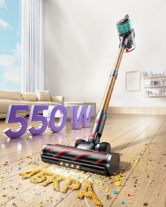 Cordless vacuum cleaner with 550W power, powerful suction for carpet, hard floor & pet hair, lightweight design and anti-tangle brush, enjoy up to 60 minutes of cleaning time.