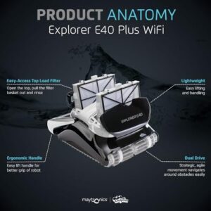Here is the optimized meta description:

"Revolutionize pool cleaning with the Dolphin Explorer E40 Wi-Fi Robotic Pool Vacuum, ideal for pools up to 50FT. Enjoy a waterline scrubber brush and convenient Wi-Fi connectivity."