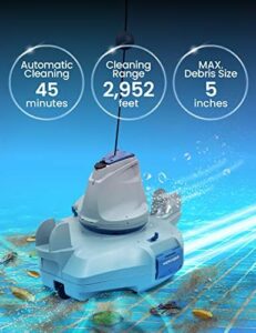 Clean your pool effortlessly with the KOKIDO Cordless Robotic Pool Floor Cleaner, suitable for flat bottom and inground pools up to 25 feet. Ideal for removing dirt, sand, debris & leaves up to 5 inches deep, lasting 45 minutes on a single charge.