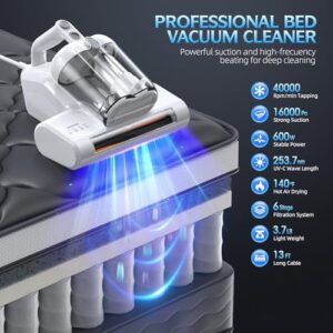 Revolutionize your bed cleaning routine with the Mattress Vacuum Bed Vacuum Cleaner, featuring powerful UV-C light, strong suction, and advanced cyclone dust filtration. Perfect for mite removal and allergen-free sleeping.