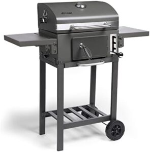 Here is the optimized SEO meta description:

"Portable VonHaus Charcoal BBQ with warming rack and adjustable height. Includes temperature gauge, ash catcher, storage shelf and foldable tables. Perfect for grilling meat, fish and veg."