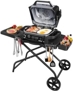 Elevate your outdoor grilling experience with the GFTIME Grill Stand. Features a collapsible design, side table shelf, hooks, and wheels for ultimate portability and storage. Perfect for Ninja OG701, Traeger Ranger, Pit Boss, or Blackstone Griddle.