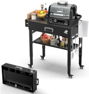 Upgrade your outdoor cooking experience with this versatile grill cart for Ninja Woodfire and Blackstone griddles, featuring quick-fold design, 4 swivel wheels, and adjustable height. Perfect for pizza oven or grill stand use.