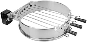 "Effortlessly cook perfect kebabs with the onlyfire BRK-6072 Rotisserie Skewer Kit, featuring a stainless steel motor and battery-powered design. Ideal for Weber 57CM charcoal grills, with compact storage for easy use."