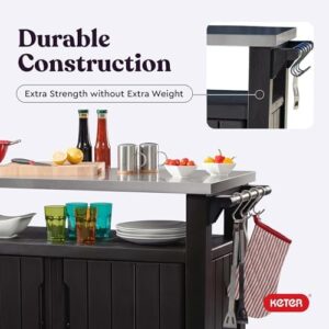 Discover the Keter Unity XL storage cabinet with stainless steel top, perfect for outdoor patios, kitchens, or bars. Store BBQ accessories and keep them organized with hooks. Compact design fits any space.