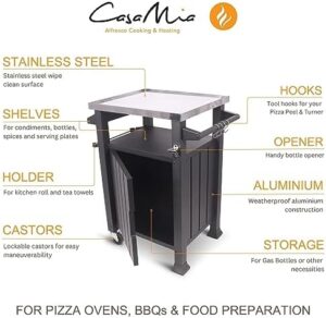 Here is the optimized SEO meta description:

"Cook up a storm with Casa Mia's outdoor pizza oven table, featuring gas bottle storage and a sturdy BBQ stand. Perfect for al fresco dining!"