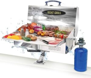Boost your boat's outdoor kitchen with the Magma Cabo Grill, featuring marine-grade stainless steel and 9"x18" grilling surface. Perfect for propane gas use, fold-away legs ensure easy storage, ideal boat accessory.