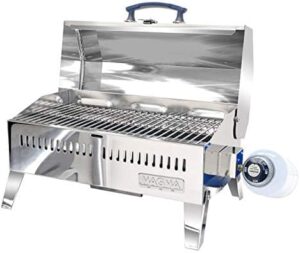Boost your boat's outdoor kitchen with the Magma Cabo Grill, featuring marine-grade stainless steel and 9"x18" grilling surface. Perfect for propane gas use, fold-away legs ensure easy storage, ideal boat accessory.