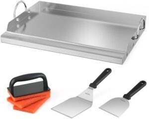 Here is the optimized SEO meta description:

"Upgrade your outdoor cooking with the Onlyfire 23' Stainless Steel BBQ Griddle Plate, featuring a BBQ scraper, spatula and scouring pad for easy cleaning. Perfect for gas and charcoal grills."