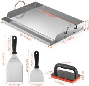 Here is the optimized SEO meta description:

"Upgrade your outdoor cooking with the Onlyfire 23' Stainless Steel BBQ Griddle Plate, featuring a BBQ scraper, spatula and scouring pad for easy cleaning. Perfect for gas and charcoal grills."