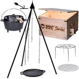 Here is the optimized meta description:

"Perfect gift set for BBQ enthusiasts, this 7-piece Dutch oven tripod set includes cast iron frying pan, cooking grate, and more. Ideal for grilling and outdoor cooking, with wooden box storage."