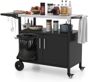 Unlock outdoor cooking convenience with the COSTWAY BBQ Storage Cart Table, featuring a folding stainless steel top, 6 hooks, open shelf & 2-door cabinet, perfect for grilling and food prep!