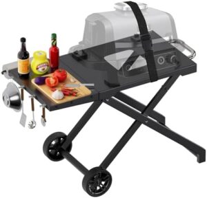 Portable folding grill cart for Ninja woodfire grills, perfect for outdoor cooking. Compact design with side table and sturdy construction. Ideal for camping or backyard BBQs.
