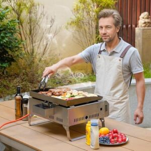 Savory outdoor cooking experiences await with the Onlyfire 2-Burner Portable Gas Plancha BBQ, featuring a nonstick ceramic coated griddle for effortless food release. Perfect for patio parties, camping, and RV excursions!