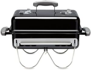 Compact and portable Weber Go-Anywhere Charcoal Grill for camping trips or backyard barbecues. Perfectly sized with 260 sq in cooking surface, adjustable vents, and rust-resistant construction.