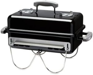 Compact and portable Weber Go-Anywhere Charcoal Grill for camping trips or backyard barbecues. Perfectly sized with 260 sq in cooking surface, adjustable vents, and rust-resistant construction.