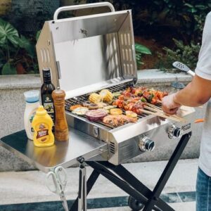 Here is the output:

"Upgrade your outdoor cooking with the Onlyfire portable gas BBQ, featuring 2 burners, foldable trolley and thermometer, perfect for camping trips or backyard gatherings. Enjoy a discount on this best-selling grill!"