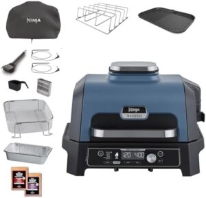 Transform your outdoor cooking with the Ninja Woodfire Pro Connect XL Electric BBQ Grill & Smoker, featuring 2 probes, rib rack, and app control. Perfect for 7-in-1 grilling and air frying, with a blue and black finish.
