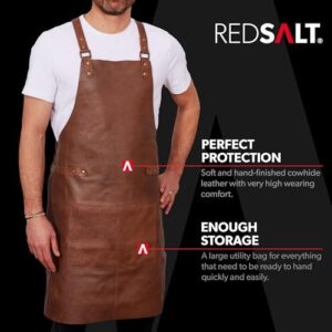 "Transform your grilling experience with the REDSALT Premium Leather Apron, crafted from 100% cowhide leather and featuring a crossback design for enhanced durability. Perfect for professionals and BBQ enthusiasts alike."